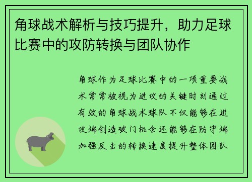 角球战术解析与技巧提升，助力足球比赛中的攻防转换与团队协作